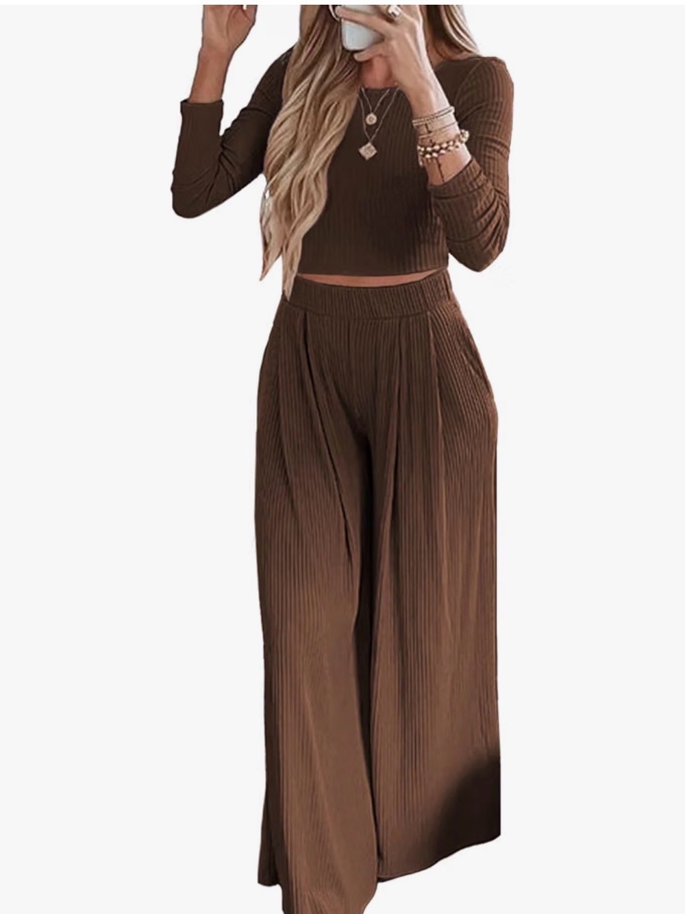 Ribbed Wide-Leg Lounge Set— Brown